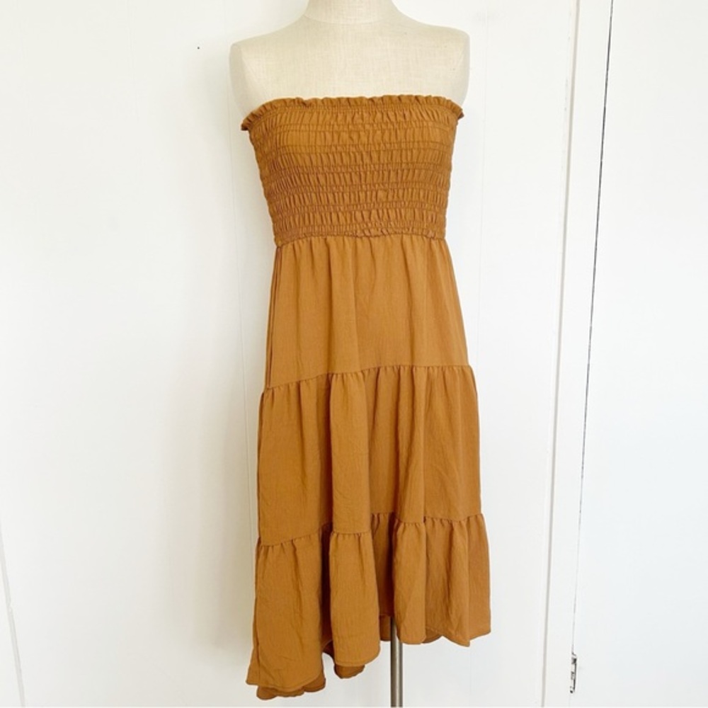 Altar’d State Mustard‎ Yellow Smocked Midi Dress Tiered Ruffle Size Small